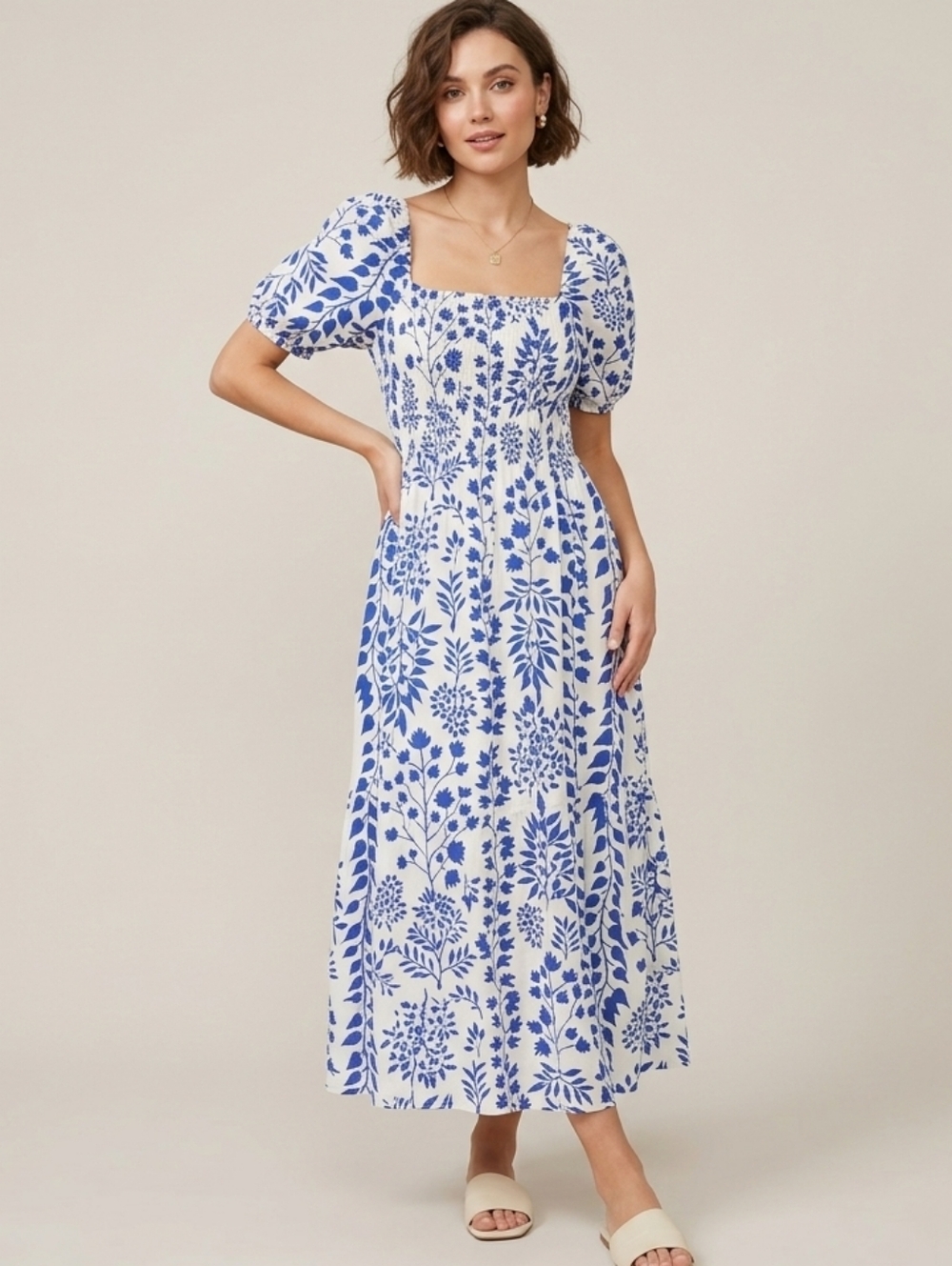 H&M White Maxi Dress with Blue Floral Print